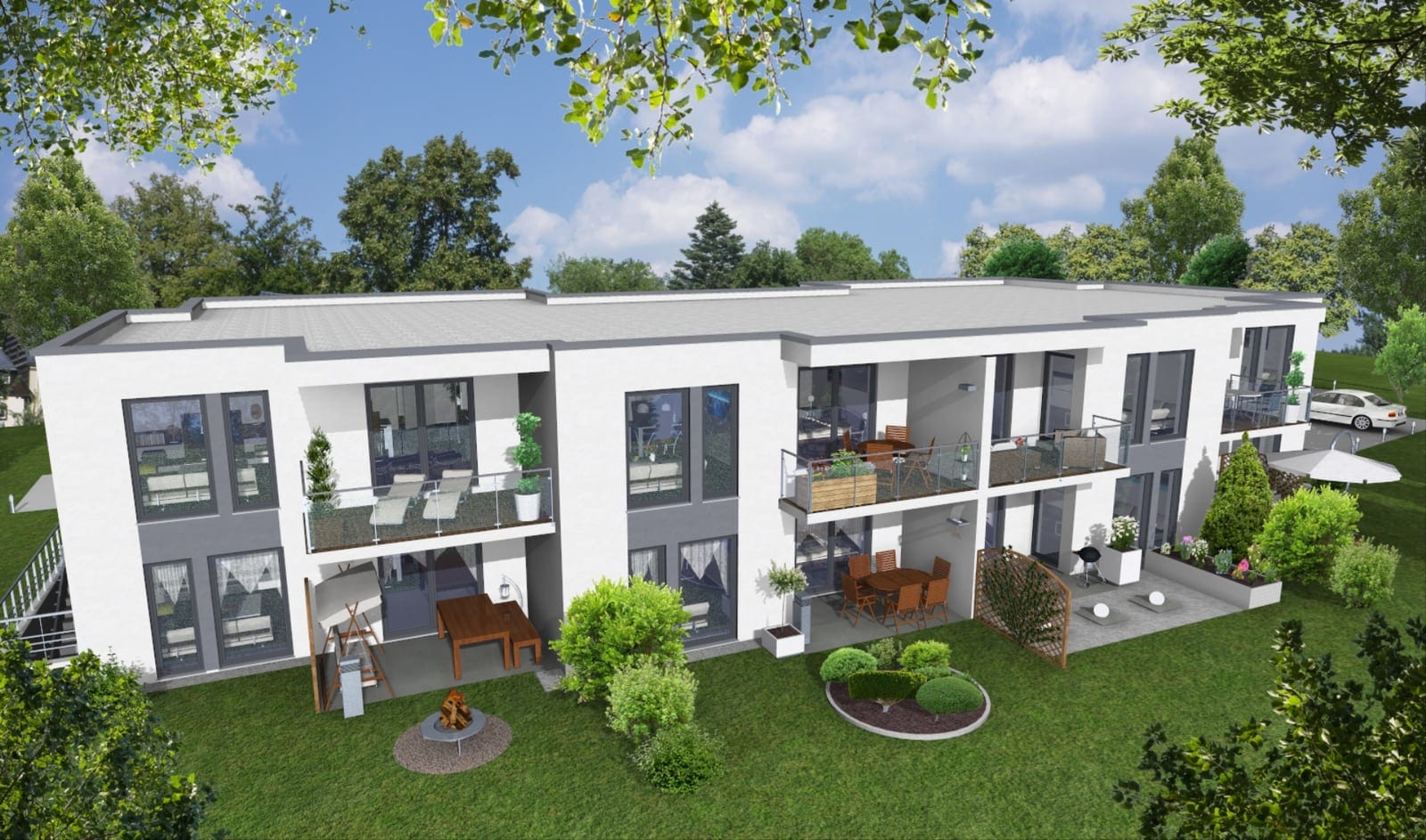 Visualisierung der geplanten Wohnanlage in Korbach mit Balkonen und Gartenseite