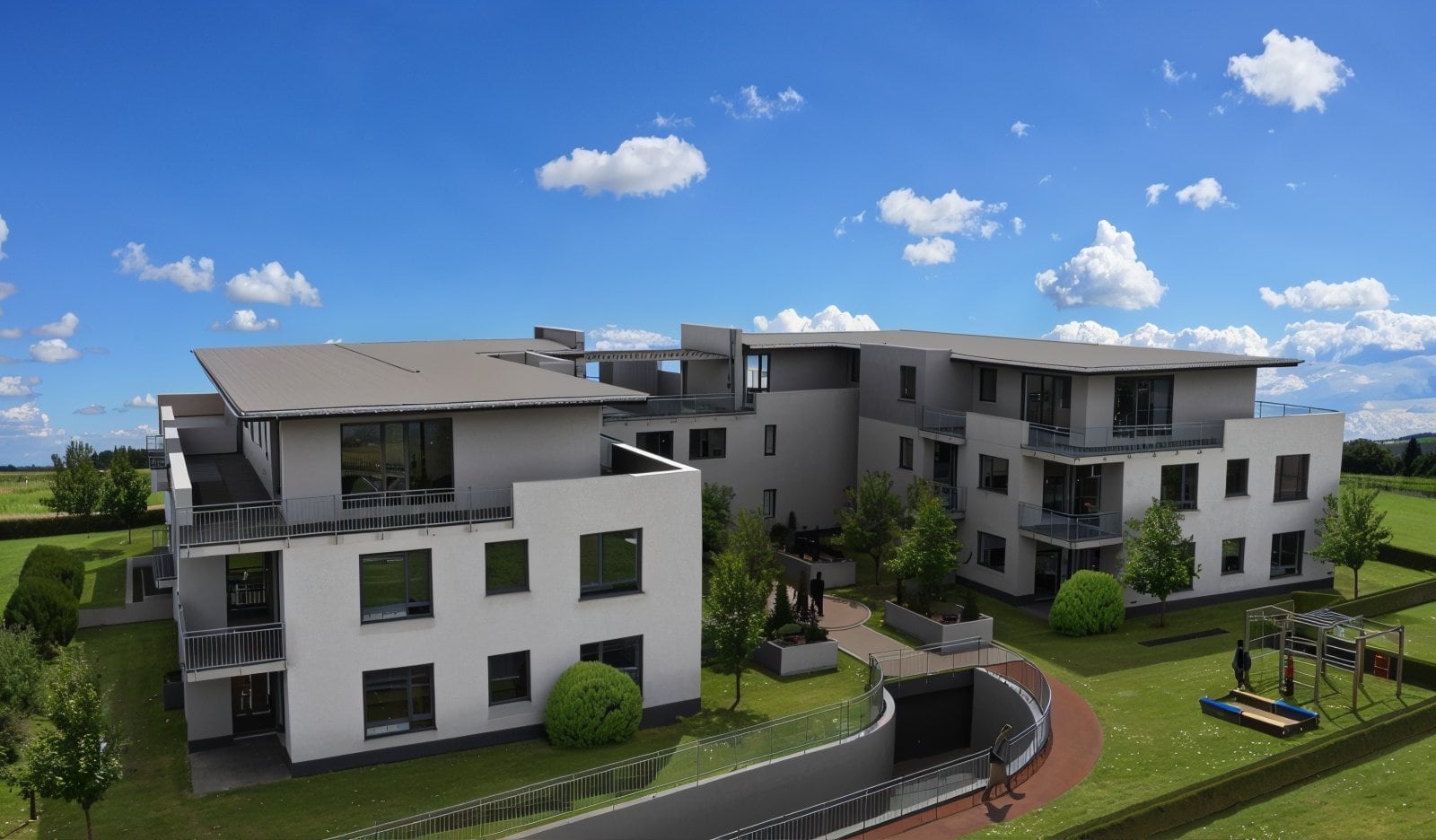Visualisierung des Mehrfamilienhauses in Bad Arolsen mit Gartenseite und Tiefgaragenzufahrt