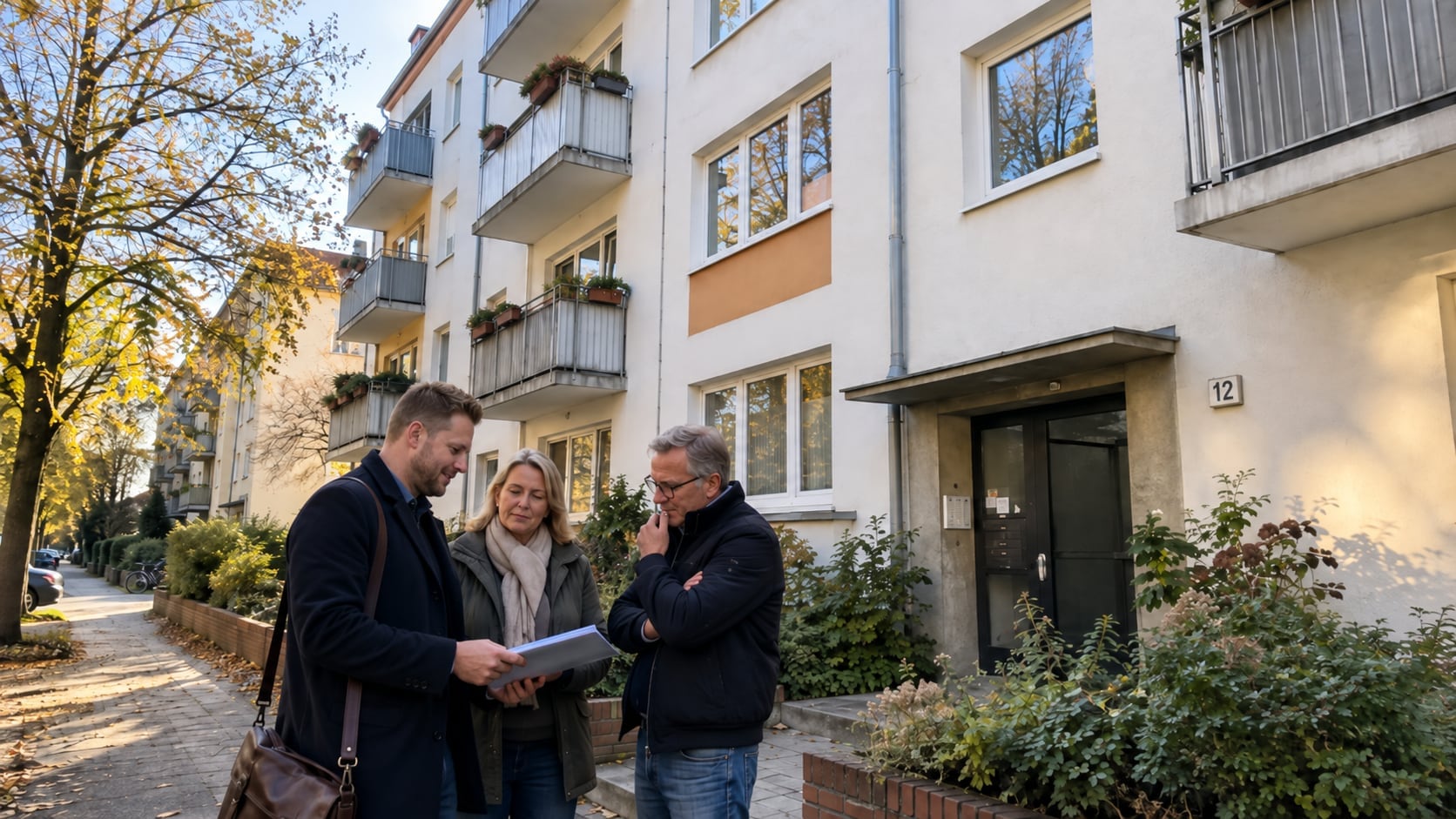 Beratungsgespräch vor einem Mehrfamilienhaus: drei Personen stehen auf dem Gehweg und sehen gemeinsam Unterlagen durch