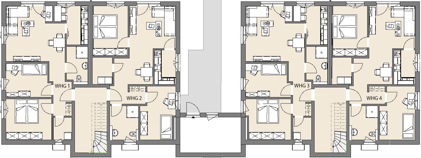 Grundriss des Terrassengeschosses in Diemelstadt-Rhoden mit den Wohnungen 1 bis 4