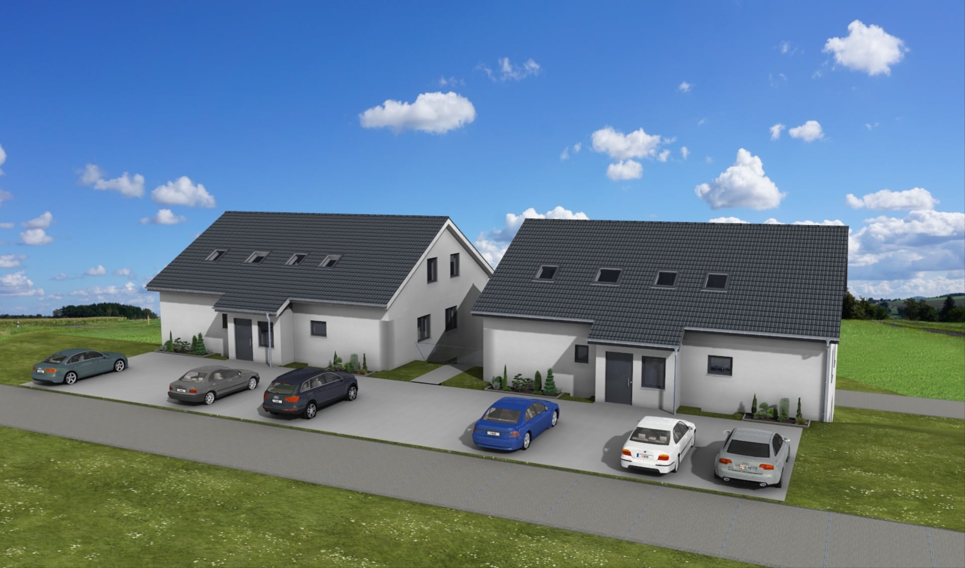 Visualisierung der Wohnanlage in Diemelstadt-Rhoden von der oberen Straße mit Stellplätzen