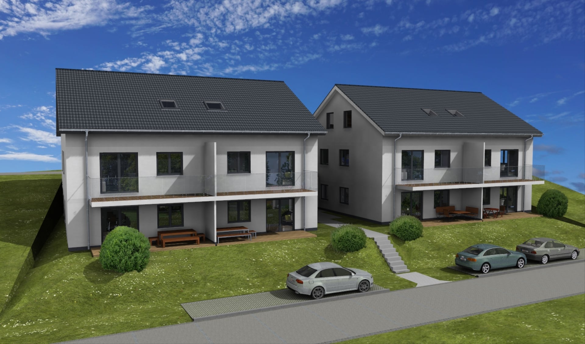 Visualisierung der Wohnanlage in Diemelstadt-Rhoden von der unteren Straße mit Terrassen